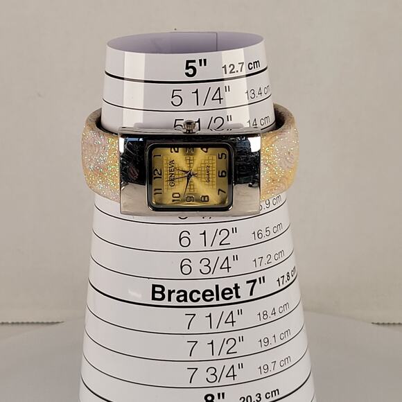 Geneva Silver Yellow Quartz Watch with Glittery Sparkle Cuff Bracelet Design - Picture 7 of 14